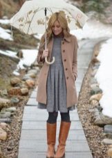 Gray dress with brown outerwear