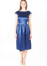 Dress Tatyanka dari satin biru dengan titik polka putih