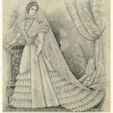 Illustratie van een trouwjurk uit de 18e eeuw