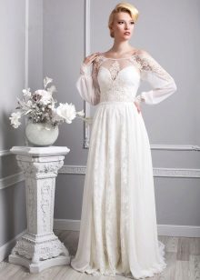 Vestuvinė suknelė Provanso stiliaus su ilgomis skaidriomis rankovėmis