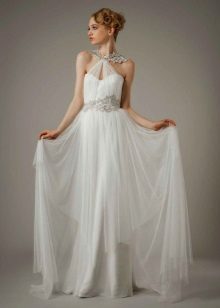 Gaun pengantin dengan appliqué lace dalam gaya Greek