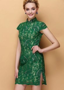 Žalioji trumpoji nėrinių suknelė qipao