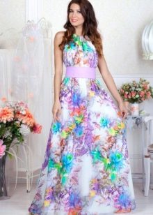 А-линия къса рокля с цветен модел