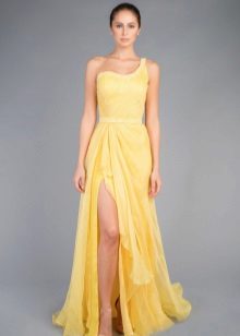 Tek omuzlu sarı Yunan elbise