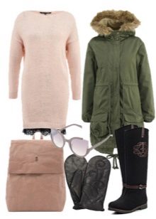 Warm knitted dress and accessories for women with the figure of a pear