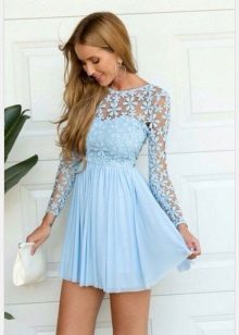 Lyseblå combo blonder kort kjole med lange ermer