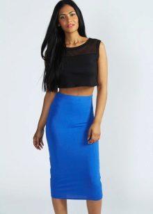 ryškiai mėlyna vidutinio ilgio pieštuko sijonas
