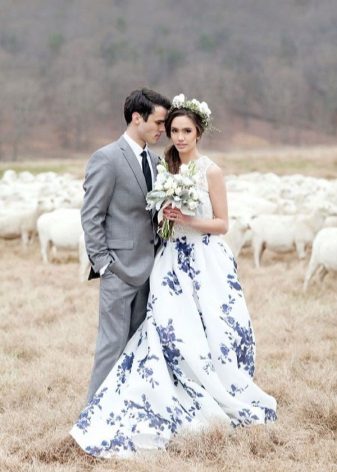 White at blue wedding dress