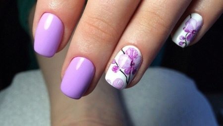 Violetinis manikiūras: specifinės spalvos ir mados idėjos