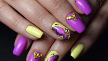 Features yellow-purple manicure