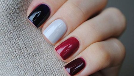 Multi-colored nail design on one hand: each nail is individual