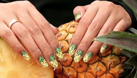 Penyelesaian yang cerah dan bergaya untuk reka bentuk manicure dengan nanas
