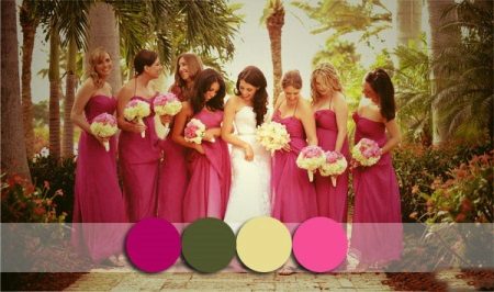 Rožinės suknelės, skirtos bridesmaids