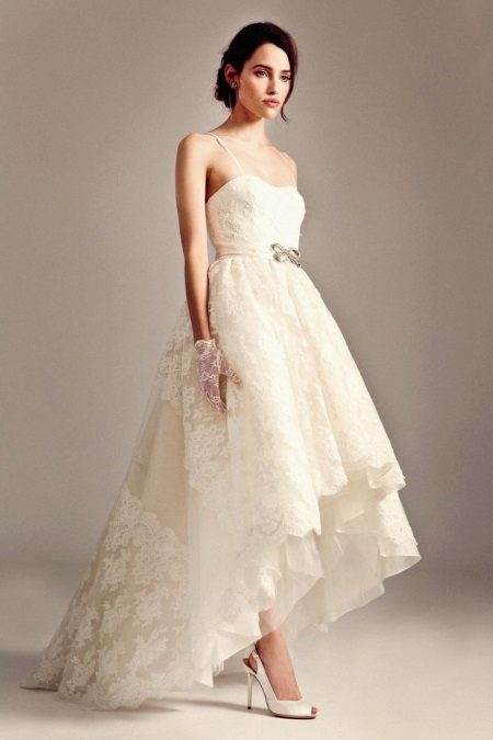 Dramblio kaulo spalvos aukšto žemo vestuvių suknelė