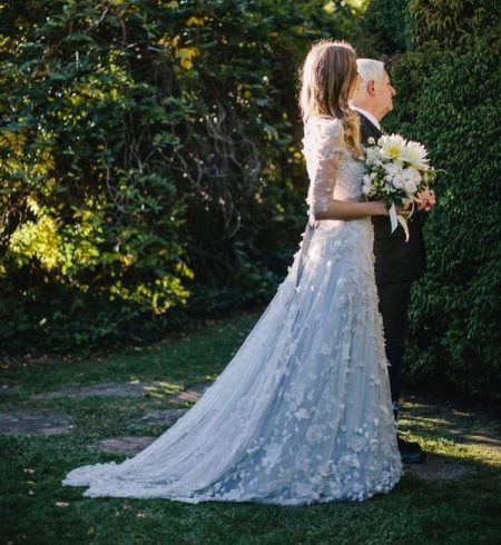 Blue light-colored wedding dress