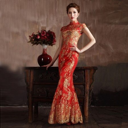 Çin tarzı kırmızı renkli uzun güzel elbise