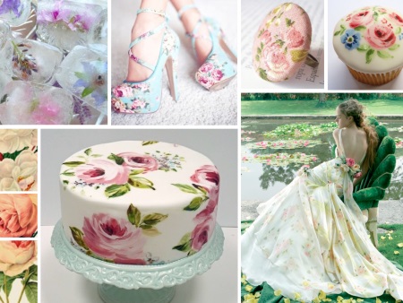 Gėlių spauda ant vestuvių suknelės, batų ir tortų